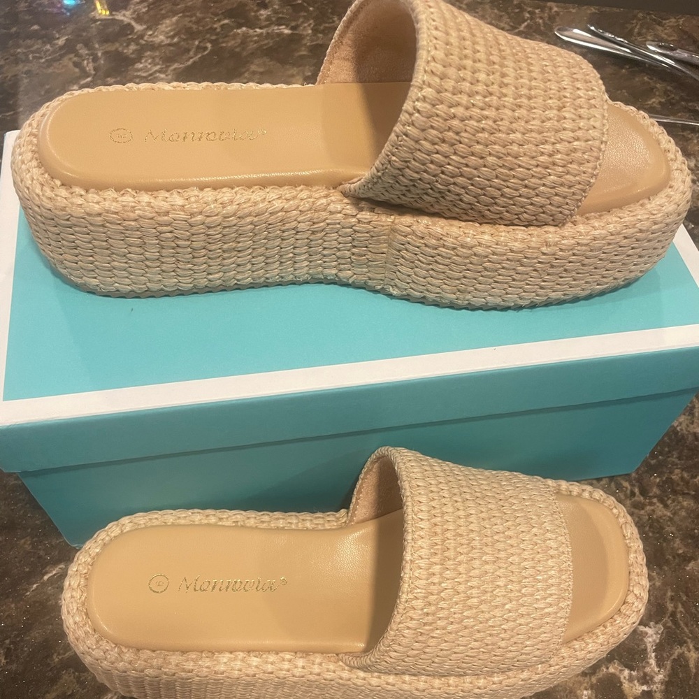 Women's Tan Woven Platform Slides